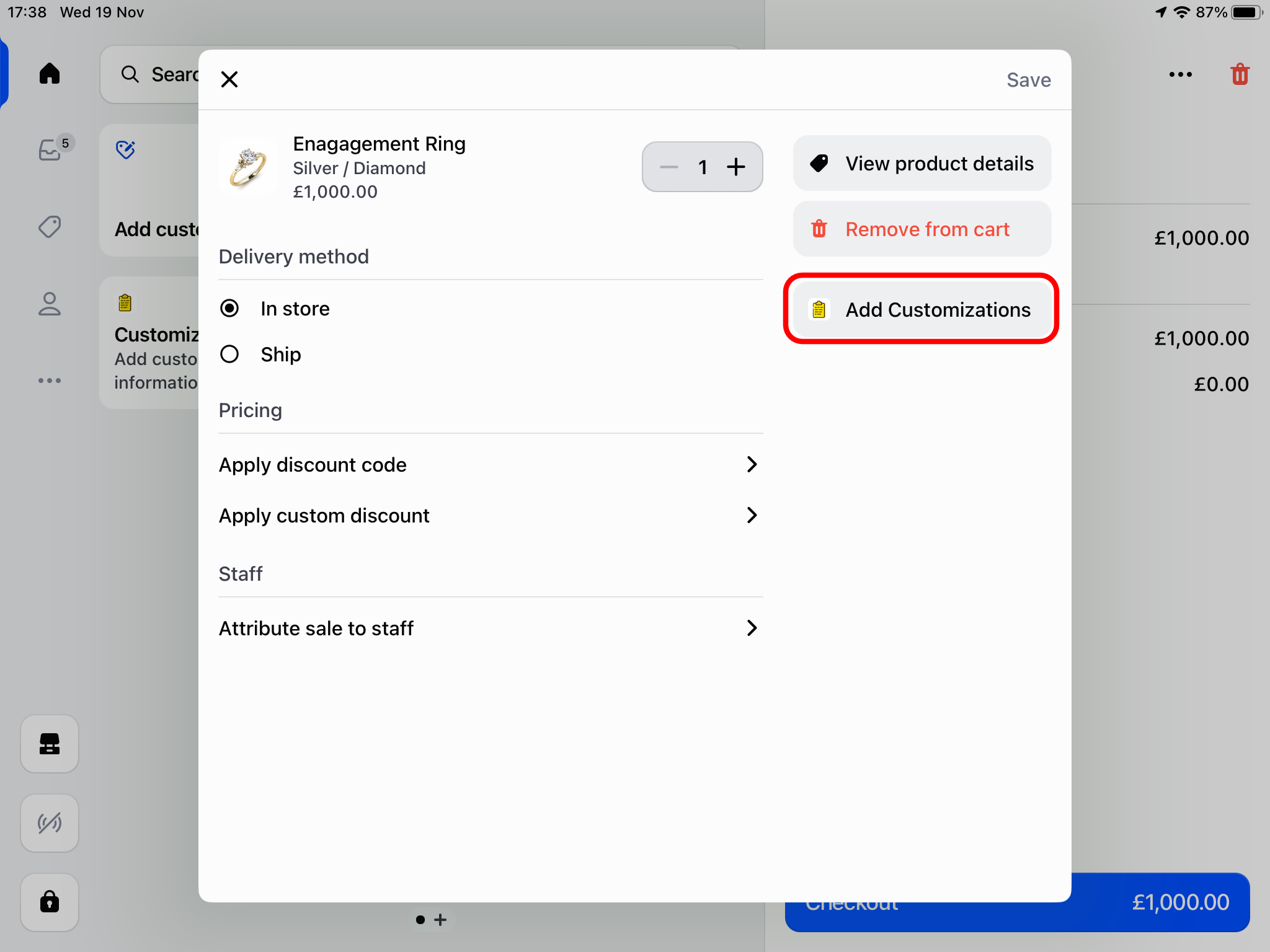 POS cart menu