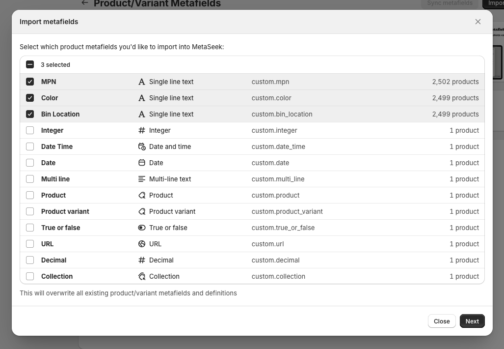 Select metafields